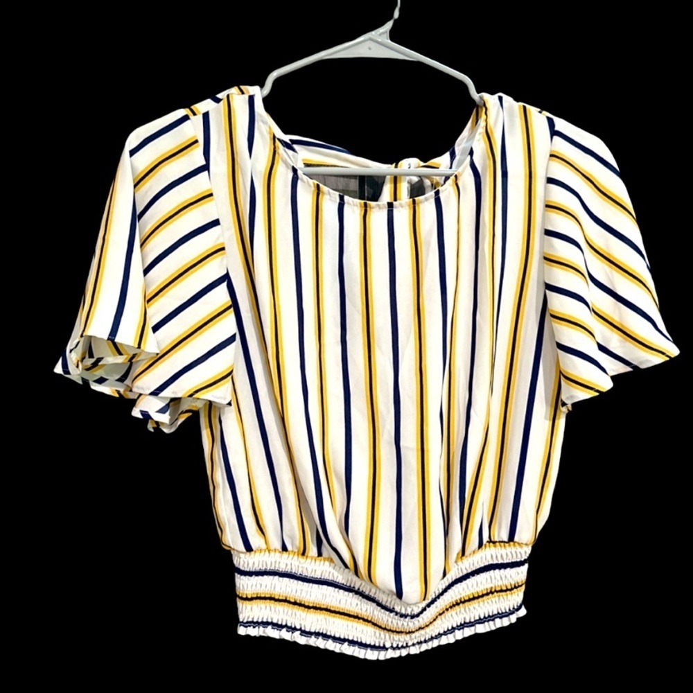 WOMENS FOREVER 21 CROP BLOUSE WHITE GOLD BLUE STRIPES WITH BACK TIE SIZE MEDIUM